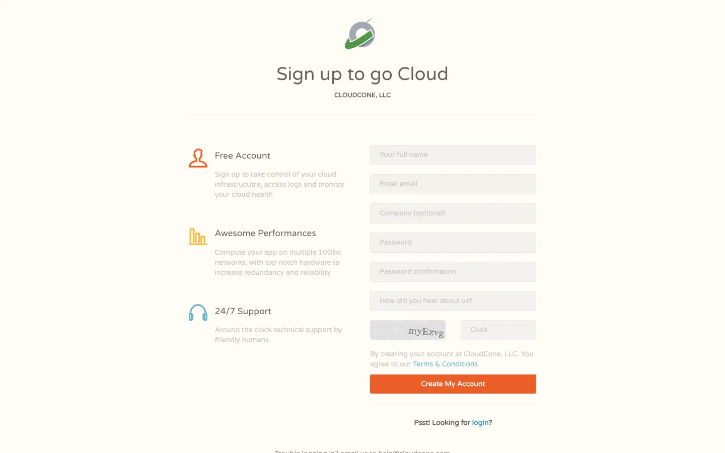 CloudCone 注册页面：填写姓名、邮箱、密码后点击 Create My Account